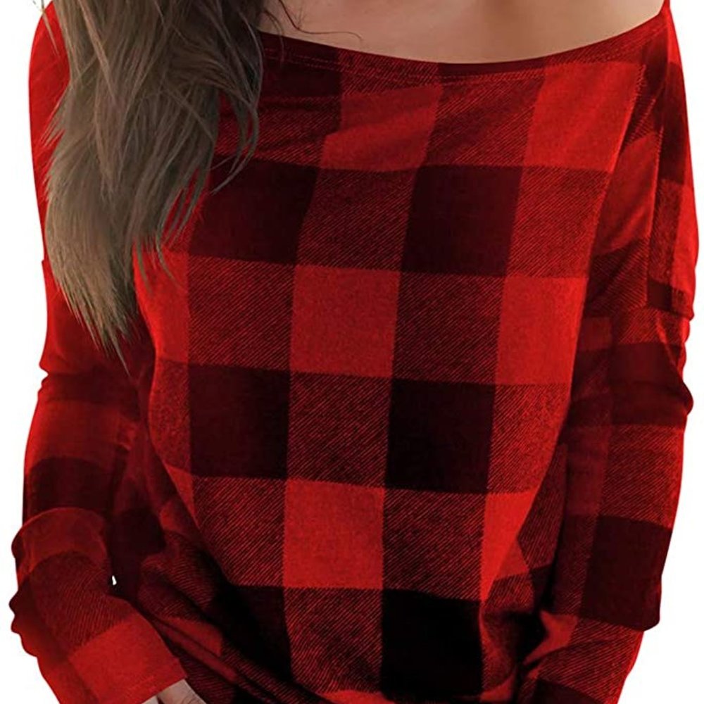 Women's Off Shoulder Top Long Sleeve Plaid - Picture 4 of 5